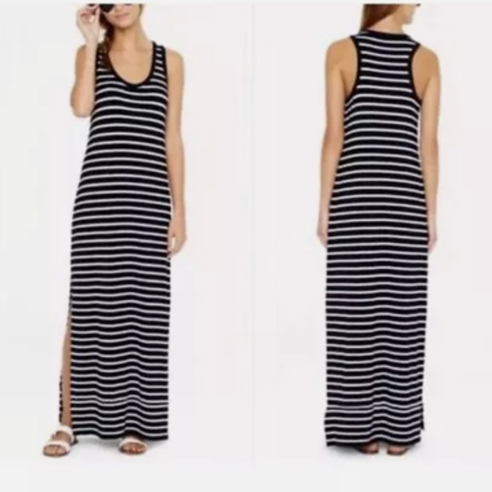 J. Crew Black + Gray striped Racerback Maxi Dress Slits Size XS